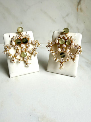 Prehnite Pearl Halo Chandelier Earrings