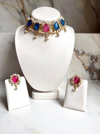 Noor Sapphire & Pink Pearl Choker Set