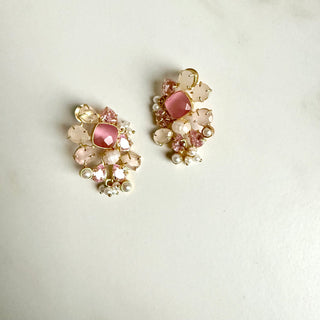 Blush Pink Rose Quartz Floral Cluster Earrings – Pastel Wedding Studs