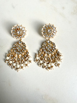 White Pearl & Kundan Statement Earrings