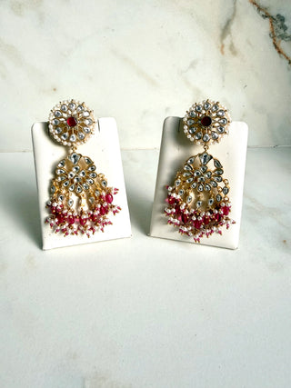 Ruby Pink Kundan Pearl Fringe Earrings