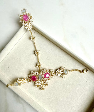 Gulabi Noor Pink Gemstone Pearl Haath Phool | Indian Hand Harness Jewellery