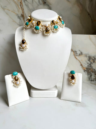 Turquoise & Tiger’s Eye Pearl Choker Set