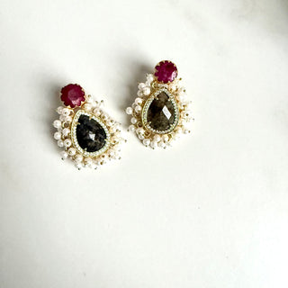 Ruby & Labrodorite Gemstone Pearl Cluster Earrings – Indian Ethnic Statement Studs