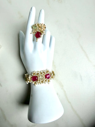 Gulabi Noor Pink & Blue Gemstone Pearl Haath Phool Indian Bracelt With Ring