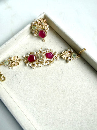 Gulabi Noor Pink & Blue Gemstone Pearl Haath Phool Indian Bracelt With Ring