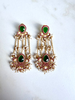 Noor Pearl Cascade Green & Red Earrings