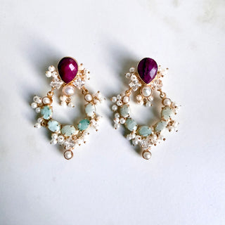 Ruby & Aqua Gemstone Pearl Earrings