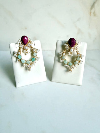 Ruby & Aqua Gemstone Pearl Earrings