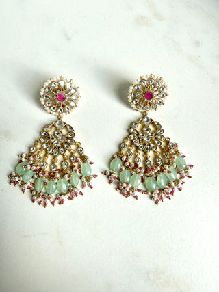 Mint Green & Pink Kundan-Style Chandelier Earrings