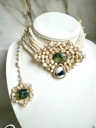 Prehnite Whisper Moss Agate Pearl Choker Set