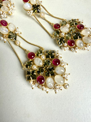 Mahira Ruby Olive Pearl Crystal Tikka Set