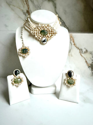 Prehnite Whisper Moss Agate Pearl Choker Set