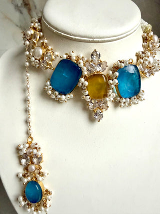 Turquoise Pearl Royale Choker Set with Maang Tikka