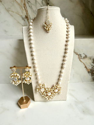 Mother Of Pearl Crushed Pearl & Crystal Mala Set