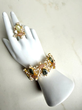Quartz & Prehnite Stone & Pearl Haath Phool (Bracelet with Ring)