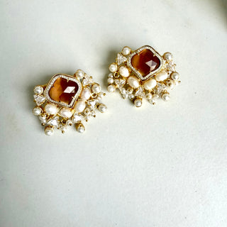 Orange Chalcedony & Pearl Cluster Earrings