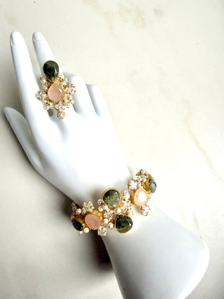 Quartz Prehnite Stone & Pearl Haath Phool (Bracelet with Ring