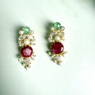 Ruby, Green Onyx & Pearl Drop Earrings