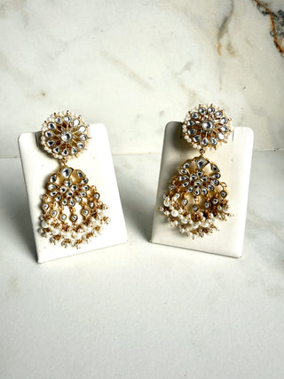 White Pearl & Kundan Statement Earrings