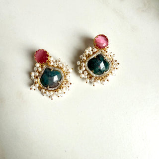 Pink & Teal Gemstone Pearl Cluster Earrings – Pearl Beaded – Indian Ethnic Statement Studs