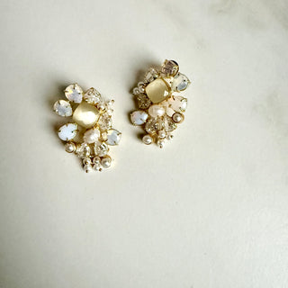 Ivory Moonstone & Crystal Cluster Stud Earrings – Elegant Pearl Floral Design