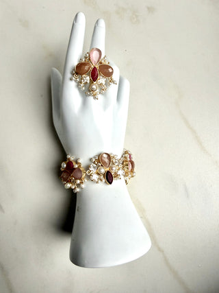Moonstone & Ruby Pearl Bracelet Set