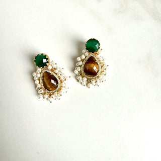 Green & Brown Teardrop Gemstone Pearl Cluster Earrings – Indian Ethnic Statement Studs
