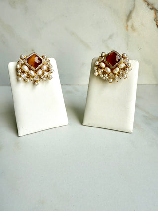 Orange Chalcedony & Pearl Cluster Earrings