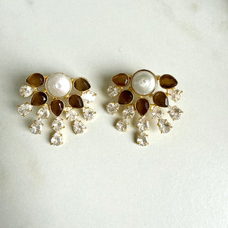 Royal Petal Ruby Pearl Drop Earrings