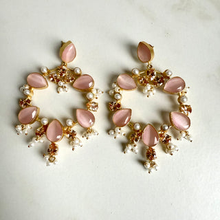Pink Floral Gemstone Hoop Earrings