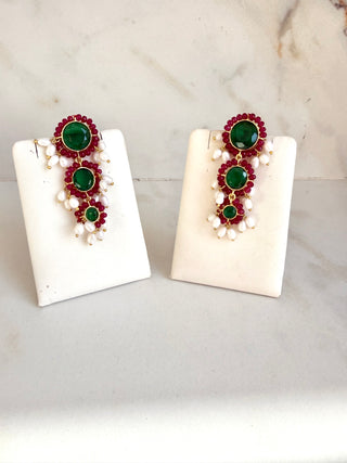 Emerald & Pearl Statement Earrings – Gold Plated Chandeliers