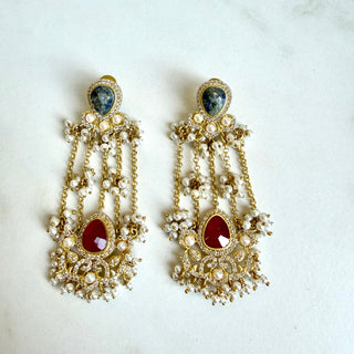 Noor Pearl Cascade Blue & Red Earrings