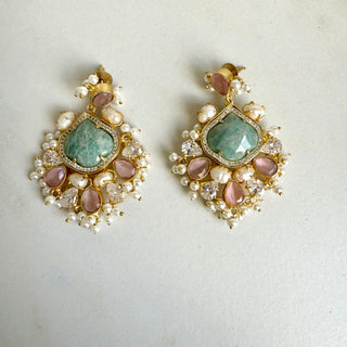 Aqua Rose Pearl Cluster Earrings