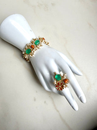Gulnaar Green Pearl Bracelet With Ring