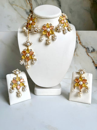 Peach & Yellow Floral Pearl Jewellery Set