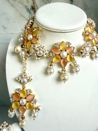 Peach & Yellow Floral Pearl Jewellery Set