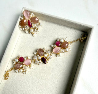 Moonstone & Ruby Pearl Bracelet Set - Meeraa Jewels