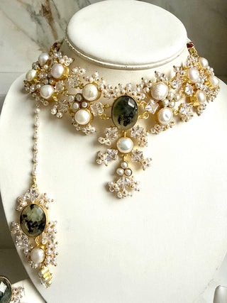 Prehnite Royale Pearl Bridal Jewellery Set - Meeraa Jewels